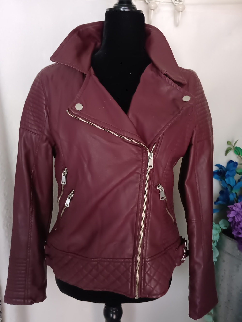 Women’s YmI Asymmetrical Moto Jacket - Burgundy